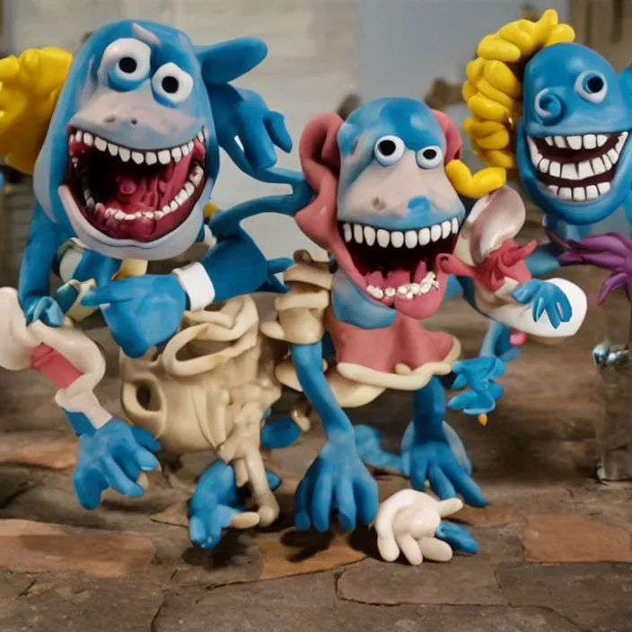 Image similar to jeff koons style street sharks in wallace & gromit claymation