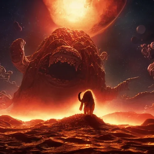 Image similar to eldritch horror bloody garfield in space, hd, 8 k, giant, epic, realistic photo, unreal engine, stars, prophecy, powerful, cinematic lighting, destroyed planet, debris, violent, sinister, ray tracing, dynamic, epic composition, dark, horrific, teeth, grotesque, monochrome drawing, hellscape