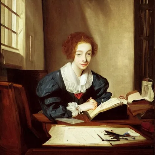 Prompt: a beautiful painting of the lofi girl studying at her desk by Antoon Van Dyck, trending on Artstation