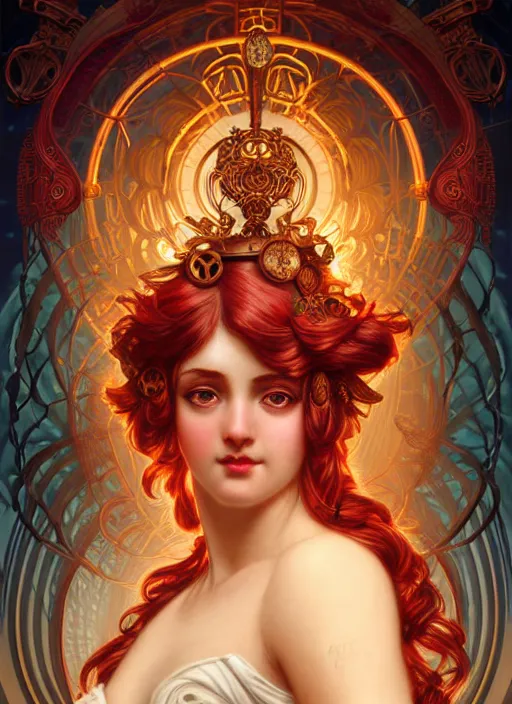 Image similar to the greek goddess hestia, hair made of fire, steampunk, glowing eyes, beautiful eyes, volumetric lights, red and cyan theme, art nouveau botanicals, intricate, highly detailed, digital painting, artstation, concept art, smooth, sharp focus, cinematic, illustration, beautiful face, art by artgerm and greg rutkowski and alphonse mucha