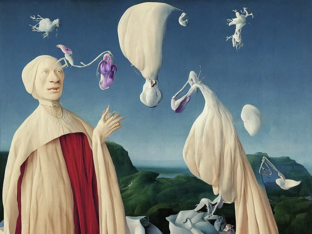 Image similar to Portrait of albino mystic with blue eyes, with exotic beautiful orchid mantis. Landscape with iceberg. Painting by Jan van Eyck, Audubon, Rene Magritte, Agnes Pelton, Max Ernst, Walton Ford