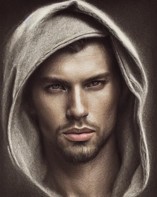 Image similar to pencil drawing of beautiful russian man, hyper realistic face, in the style of greg rutkowski, fantasy, amazing detail, epic, elegant, smooth, sharp focus, from the front