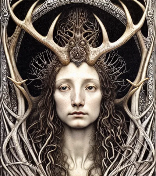 Image similar to detailed realistic beautiful antler goddess face portrait by jean delville, gustave dore, iris van herpen and marco mazzoni, art forms of nature by ernst haeckel, art nouveau, symbolist, visionary, gothic, neo - gothic, pre - raphaelite, fractal lace, intricate alien botanicals, biodiversity, surreality, hyperdetailed ultrasharp octane render