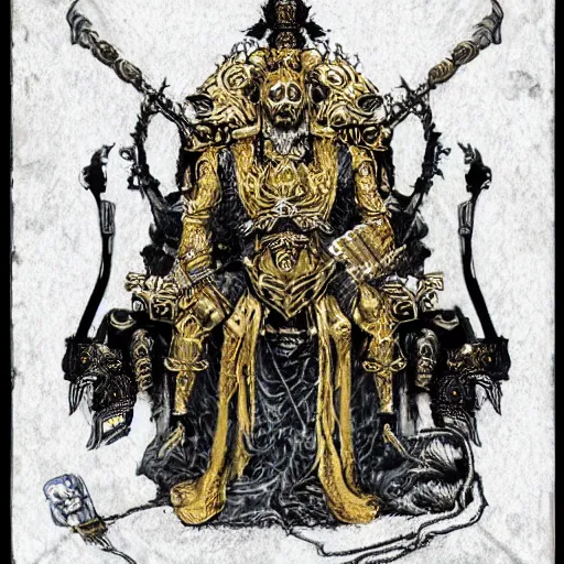 Image similar to illustration. the emperor on his golden throne. 4 0 k. body horror.