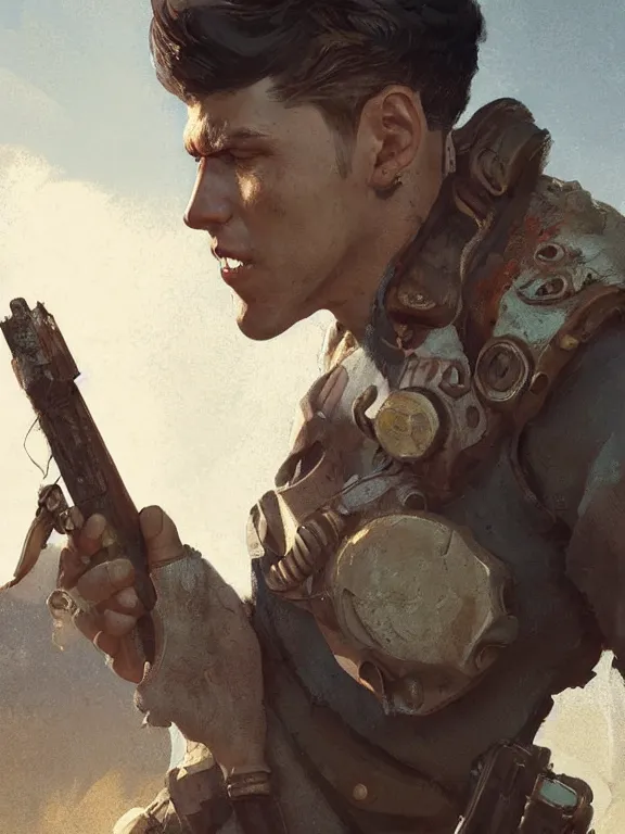 Image similar to portrait of a young man from fallout 4 wearing a summer outfit, short brown hair, art by ryo shiotani and greg rutkowski, intricate, beautiful, cute, cinematic lighting, vintage art by serge ivanoff