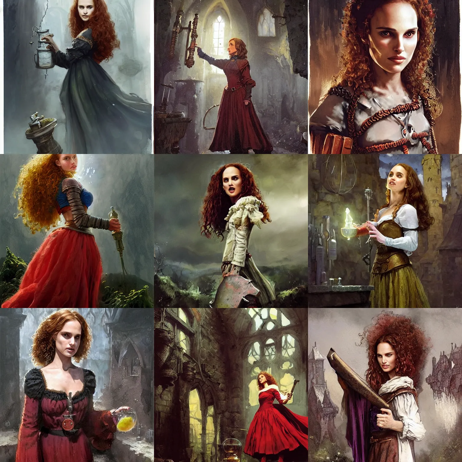 Prompt: young, freckled, curly haired, redhead natalie portman as a ( ( ( cheerful ) ) ), clumsy medieval alchemist in a alchemy lab. dark shadows, colorful, ( low key light ), law contrasts, fantasy concept art by jakub rozalski, jan matejko, and j. dickenson