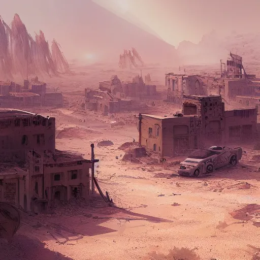 Image similar to dusty old town in the middle of desert surrounded by sandstorm, scorching heat, sun, midday, concept art, sharp, artstation, cgsociety