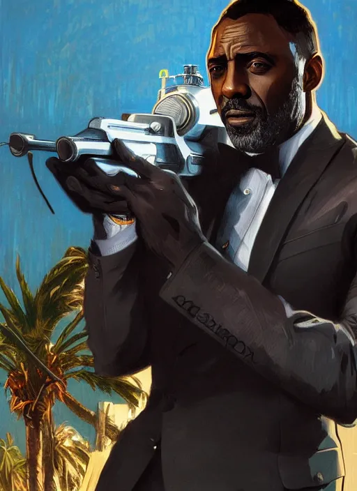 Image similar to portrait of idris elba as james bond, key art, palm trees, vintage aston martin, highly detailed, digital painting, artstation, concept art, cinematic lighting, sharp focus, illustration, by gaston bussiere alphonse mucha