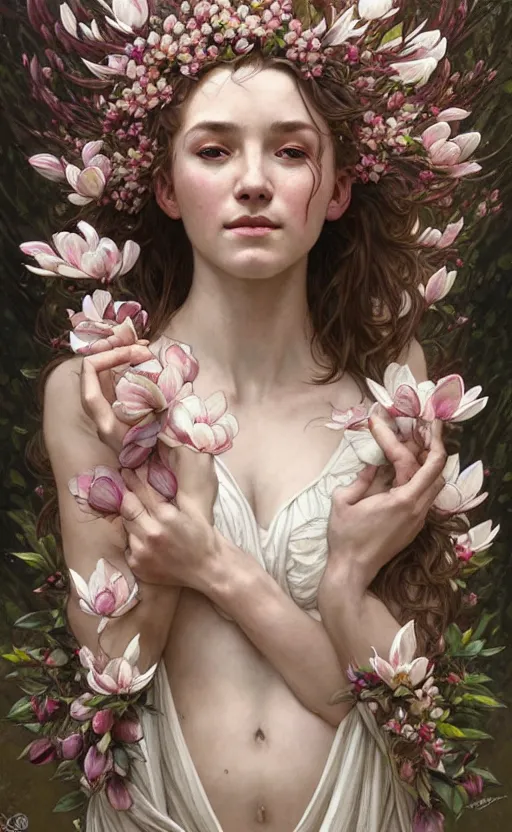 Image similar to portrait of a goddess of magnolia! covered in flowers!, half body, perfect face!!, d & d, fantasy, intricate, elegant, highly detailed, digital painting, artstation, concept art, smooth, sharp focus, illustration, art by artgerm and greg rutkowski and alphonse mucha