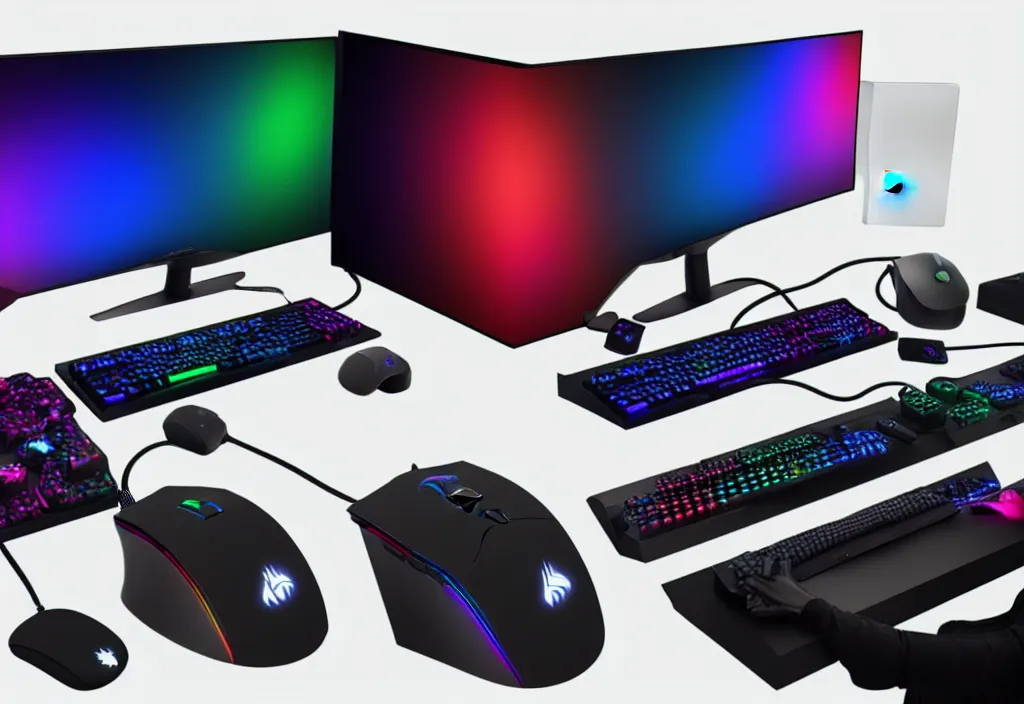 Image similar to the ultimate gaming setup rgb, three monitors, colorful, glossy, octane render, 8 k, detailed, rgb keyboard, rgb mouse, gaming pc, microphone, detailed