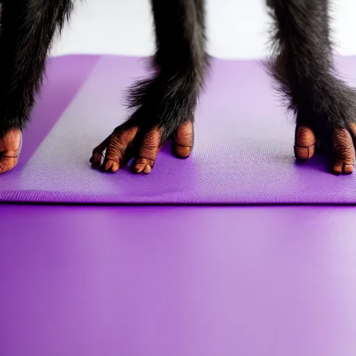 Image similar to photo of chimpanzee wearing yoga pants doing yoga in a yoga studio on a purple yoga mat, 5 0 mm, beautiful photo