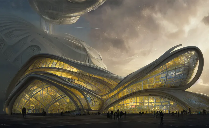 Image similar to exterior shot of utopian architecture transparent building with cinematic lighting by zaha hadid and renzo piano, darek zabrocki and greg ruthkowski, alphonse mucha, simon stalenhag, cinematic, stars, beautiful, holy place, paradise, scifi, futurism, atmospheric, concept art, artstation, trending on artstation