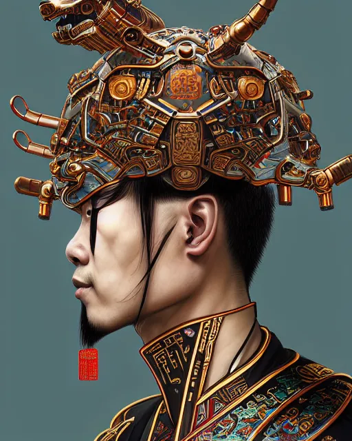 Image similar to portrait of a chinese masculine male cyberpunk machine, machine face, upper half portrait, decorated with chinese opera motifs, muscular, asian, fine china, wuxia, traditional chinese art intricate intense elegant 京 剧 highly detailed symmetry headpiece digital painting artstation concept art smooth sharp focus illustration, art by artgerm and greg rutkowski alphonse mucha 8 k