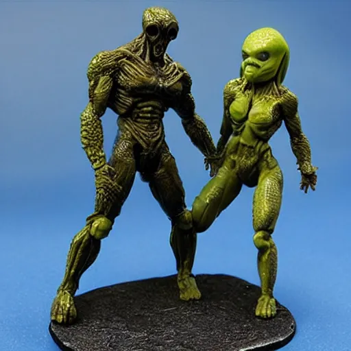 Prompt: 80mm resin detailed miniature of a Alien fighting a Female warrior, Product Introduction Photos