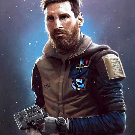 Prompt: portrait of lionel messi by greg rutkowski, cade skywalker, messy blond hair, beard, tall and muscular, star wars expanded universe, he is about 3 0 years old, wearing a flying jacket, distrustful and arrogant, highly detailed portrait, digital painting, artstation, concept art, smooth, sharp foccus ilustration, artstation hq
