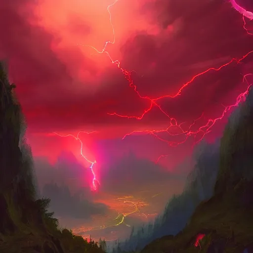 Prompt: arcane ruby lightning stormclouds a mountain range, artstation national geographic, high fantasy