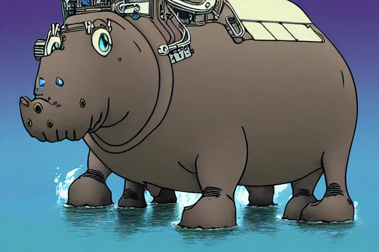 Image similar to cell shaded cartoon of a giant lovecraftian mechanized grey hippo from howl's moving castle ( 2 0 0 4 ), in an african river, full body, wide shot, very muted colors, post grunge, studio ghibli, highly detailed, deviantart, art by artgem