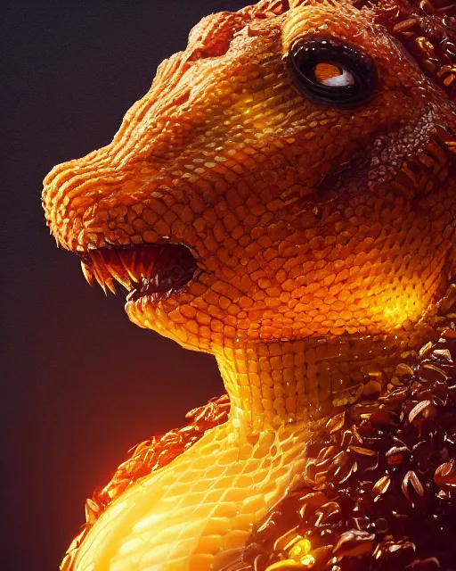 Image similar to beautiful godzilla as honey, made of honey, wearing honey - themed miniskirt, award winning creature portrait photography, extremely detailed, artstation, 8 k, sensual lighting, incredible art, wlop, artgerm, backlit, rim lighting, hi - fructose