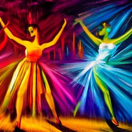 Image similar to dark dancing silhuettes in a dance club, colorful lights, dramatic lighting, a lot of energy, oil painting