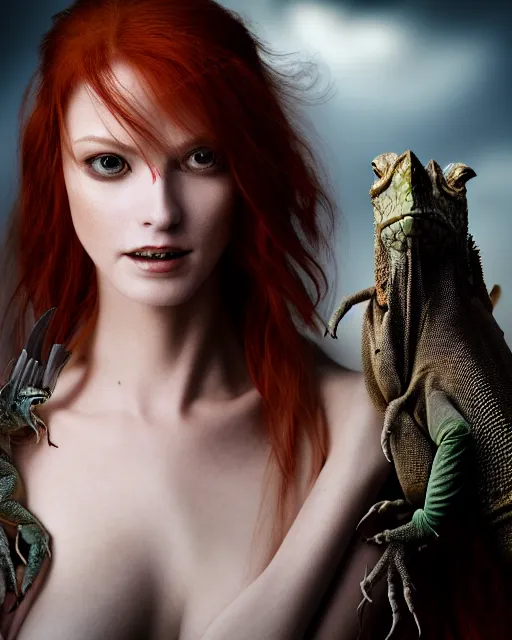 Prompt: 5 5 mm portrait photo of an armored redhead woman with goat horns and a an iguana sitting on her shoulder by luis royo. highly detailed 8 k. intricate. lifelike. soft light. nikon d 8 5 0. cinematic post - processing