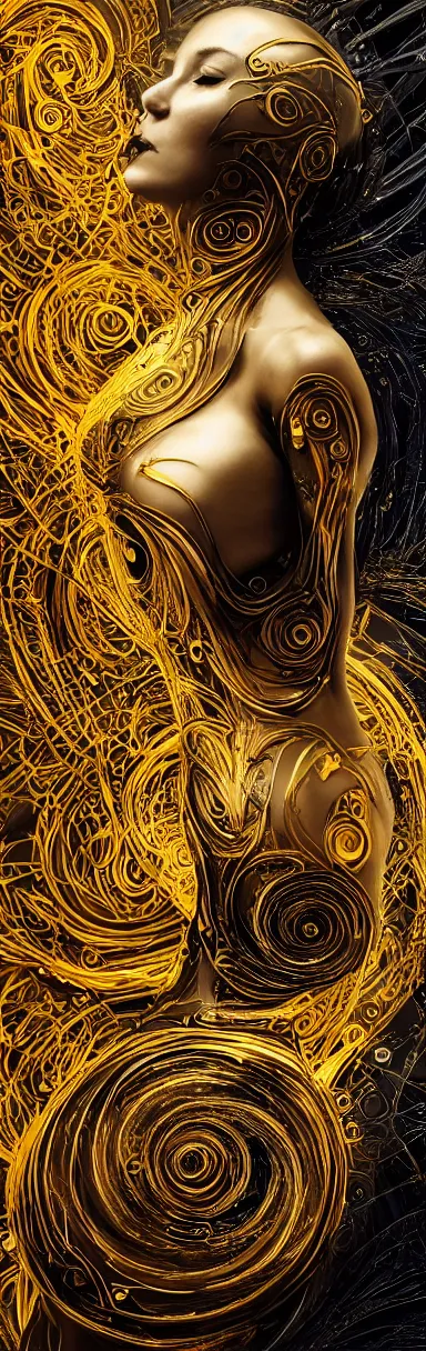 Image similar to pencil painting oil, bodypaint, neobrutalistic, golden circles and spirals, digital abstract sculpt of beautiful female body and black swirling latex acrylic portrait, black latex sculpt, minimalism, mechanical superstructure, sacred geometry, 8 k, cinematic, magic hour, beautiful light, sculpture of carving marble, dark colors, filigree ornaments, one point light, clockwork