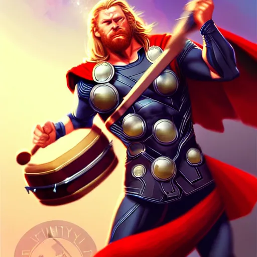 Image similar to thor playing the bongos, comic style by guweiz and stanley artgerm, extremely high quality artwork, very detailed, trending on artstation