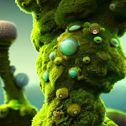 Image similar to macro photograph of cute alien moss and fungus creatures, volumetric lighting, depth of field, hyper detailed, soft focus, 8k, octane, by Pixar, by Beeple, trending on artstation