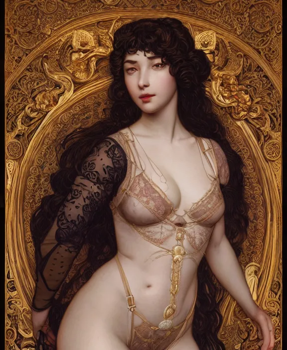 Image similar to the moon goddess, intricate and detailed lace set, suspenders, honey birdette, realistic renaissance portrait, highly detailed, digital painting, artstation, concept art, smooth, sharp focus, cinematic lighting, art by john collier, artgerm and greg rutkowski and alphonse mucha and jacques louis david and john william godward