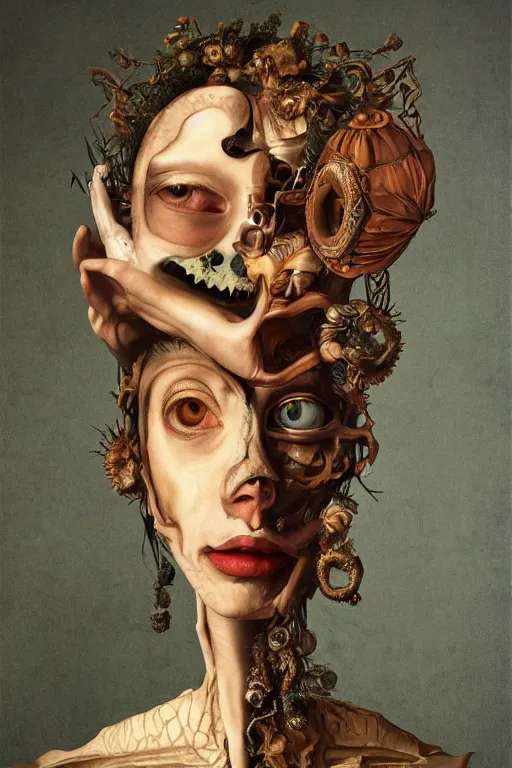 Image similar to Detailed maximalist portrait with large lips and with large wide eyes, surprised expression, surreal extra flesh and bones, HD mixed media, 3D collage, highly detailed and intricate, illustration in the golden ratio, in the style of Caravaggio, dark art, baroque