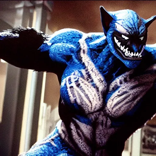 Prompt: a werewolf with a blue venom symbiote, movie still