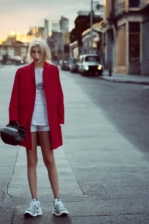 Prompt: high quality realistic street photo of girl, blond hair, clothes in the sport style of 1 9 9 0, sneakers, lowered socks, loose coat, perfect face against the sunset sky ; kodak ektar, 2 0 0 iso, 3 5 mm lens, bill henson style beautiful chiaroscuro lighting, beautiful colour palette, beautiful and realistic, wide shot