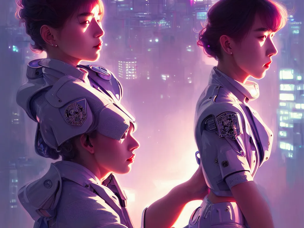 Prompt: portrait futuristic police girl, at future neon light tokyo rooftop night, ssci - fi and fantasy, intricate and very very beautiful and elegant, highly detailed, digital painting, artstation, concept art, smooth and sharp focus, illustration, art by tan zi and ayanamikodon and alphonse mucha and wlop