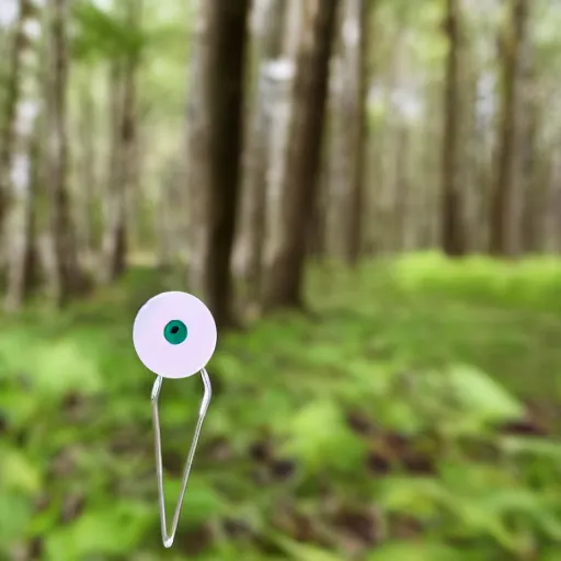 Image similar to office paperclip, 📎, googly 👀, in the woods, photography, depth of field, 4 k resolution