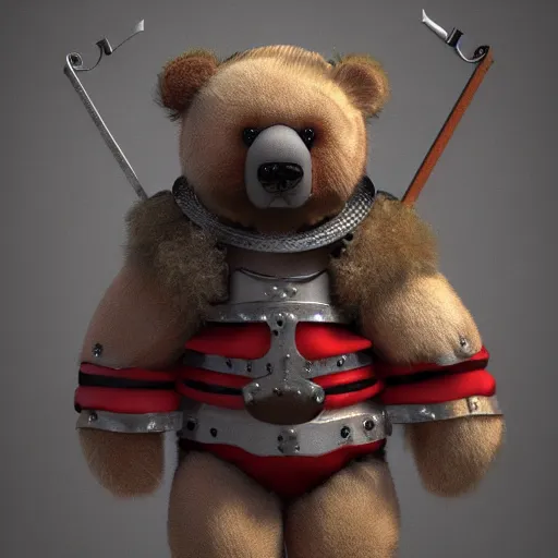 Prompt: 3 d render, octane, redshift, fur, teddy bear wearing medieval knight armor, cgsociery, featured in artstation