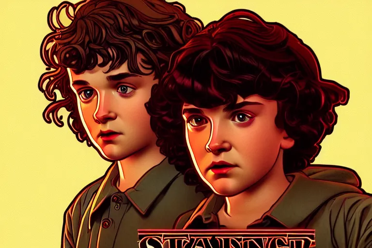 Image similar to closeup shot from the animated version Stranger Things, cartoon, detailed faces, high resolution, hyper detailed, intricate, illustrated, dramatic lighting, illustration, artstation, concept art, smooth, sharp focus, art by Alphonse Mucha and Matt Groening !n-9