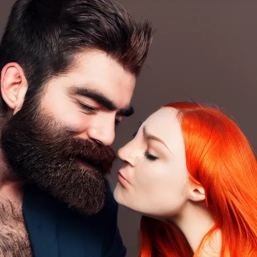 Image similar to a man with a dark well groomed beard gently slapping an attractive woman with straight red orange hair in the face with a lizard