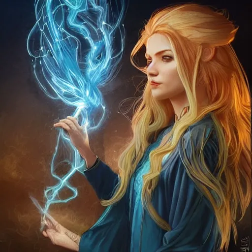 Image similar to a human wizard casting a spell, female, blonde and auburn two toned hair, crackling blue lightning, fantasy, d & d, intricate, elegant, highly detailed, digital painting, artstation, concept art, matte, sharp focus, illustration, in the style of magic the gathering, art by artgerm and greg rutkowski and alphonse mucha