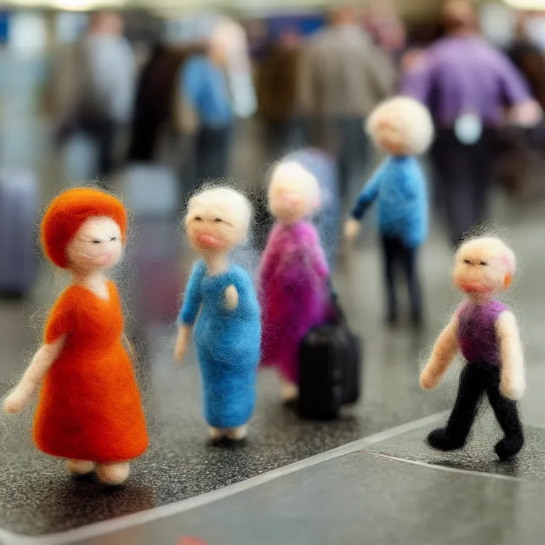 Image similar to needle felted person arriving at airport, highly detailed, tilt shift, cute, hyperrealism, highly textured, god rays