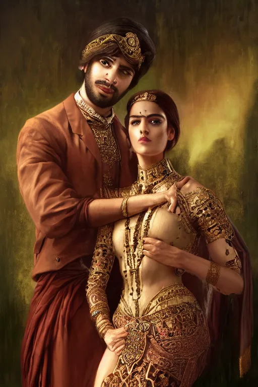 Prompt: a portrait of handsome young male indo-persian Satan and his elegant beautiful indo-persian wife, bored, illustration, dramatic lighting, soft details, painting oil on canvas, art nouveau, octane render, HDR, 4k, 8k, HD, by Edmund Blair Leighton, Brom, Charlie Bowater, trending on artstation, faces by Tom Bagshaw, Sargent