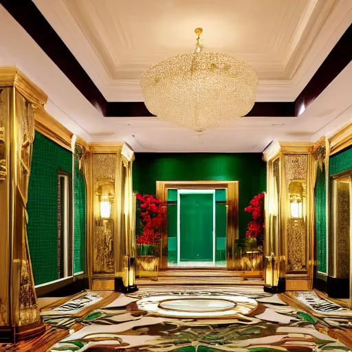 Image similar to a lavish hotel lobby with emerald colored walls with golden accents on them and red carpet