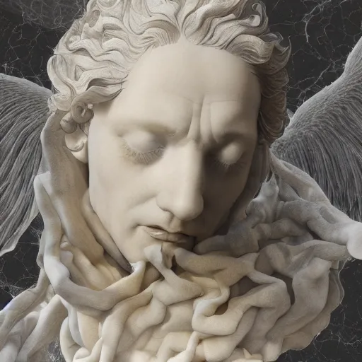 Prompt: realistic digital painting of a stunning intricate cracked white marble falling angel with face of piero angela crying bernini sculpture, trailing white vapor, mycelium stands and misty xparticles neutral tone background, trending on artstation, hyperrealism, matte painting, subsurface scattering