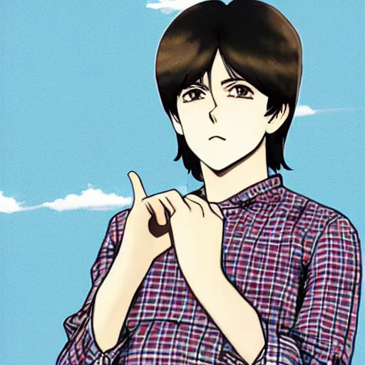 Image similar to anime illustration of young Paul McCartney from the Beatles, wearing a blue and white check shirt and watch, outdoors in Singapore, ufotable