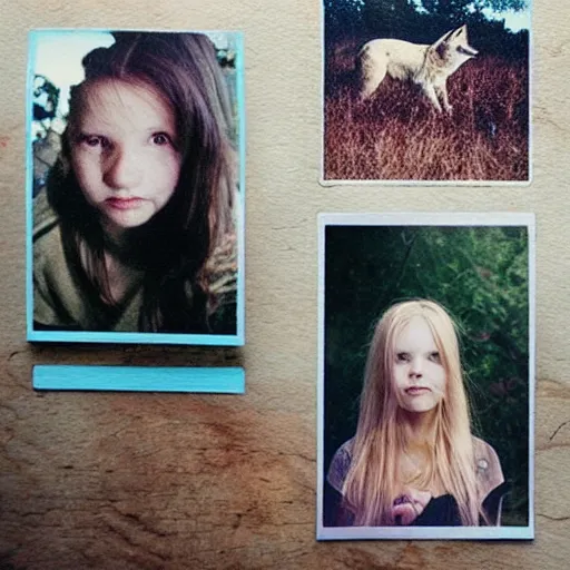 Image similar to polaroid collage, sunllight, girl, wolf