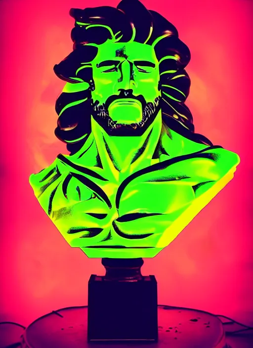 Image similar to bust of hercules, beeple, mike mignola, vaporwave, retrowave, black background, neon wiring, black, glitch, strong contrast, cuts, pinterest, trending on artstation