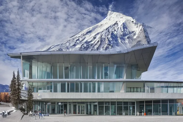 Image similar to architecture photo modern fachwerk school with Elbrus mountain on the background, architecture, photorealism 8k , shining and happy atmosphere, uplight, high details