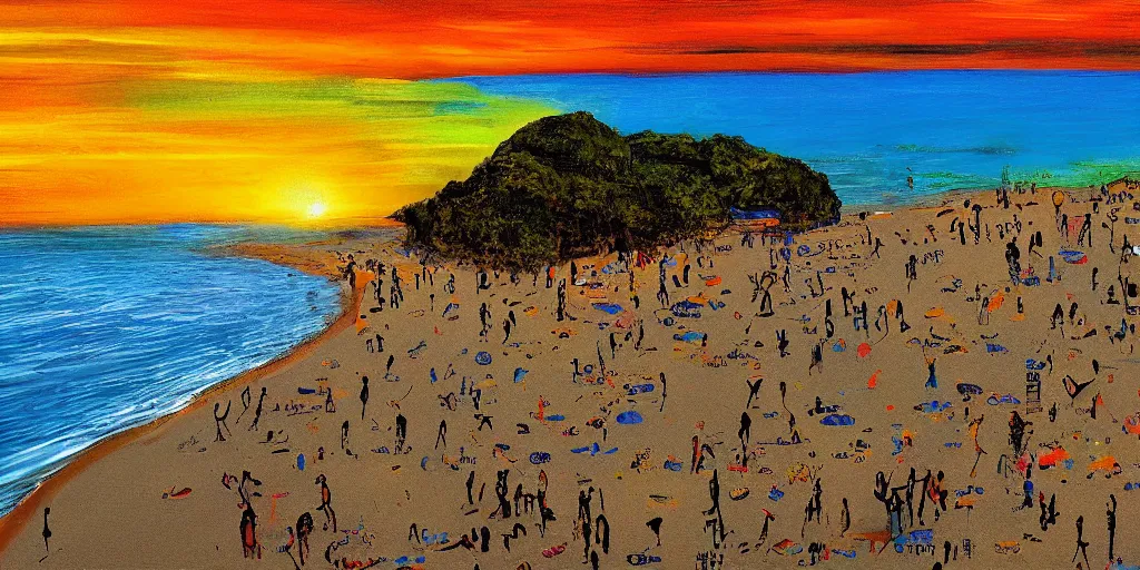 Image similar to People in beach, beach is between the two valleys, by Salvador Dali and Bob Ross collaboration, sun set, digital art, high details, drone wide shot