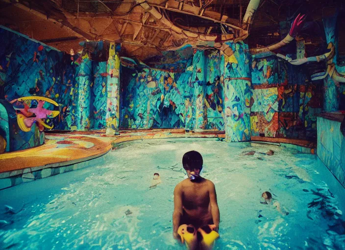 Image similar to abandoned colorful indoor water park with strange creatures lurking, polaroid photo