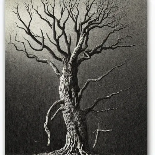 Prompt: a scary tree by zdzisław beksiński