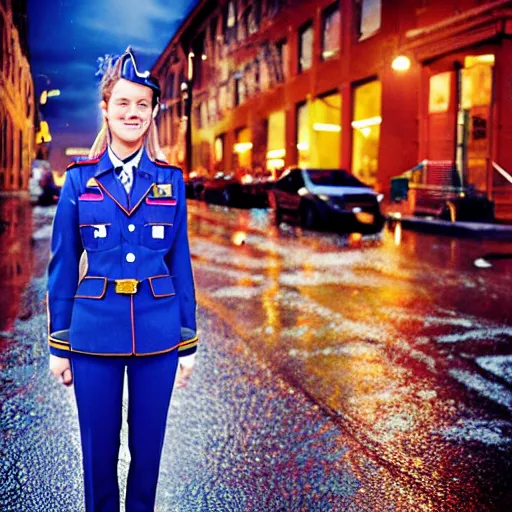 Image similar to night flash portrait photography of a high school girl in uniform on the lower east side by annie leibovitz, colorful, nighttime!, raining!