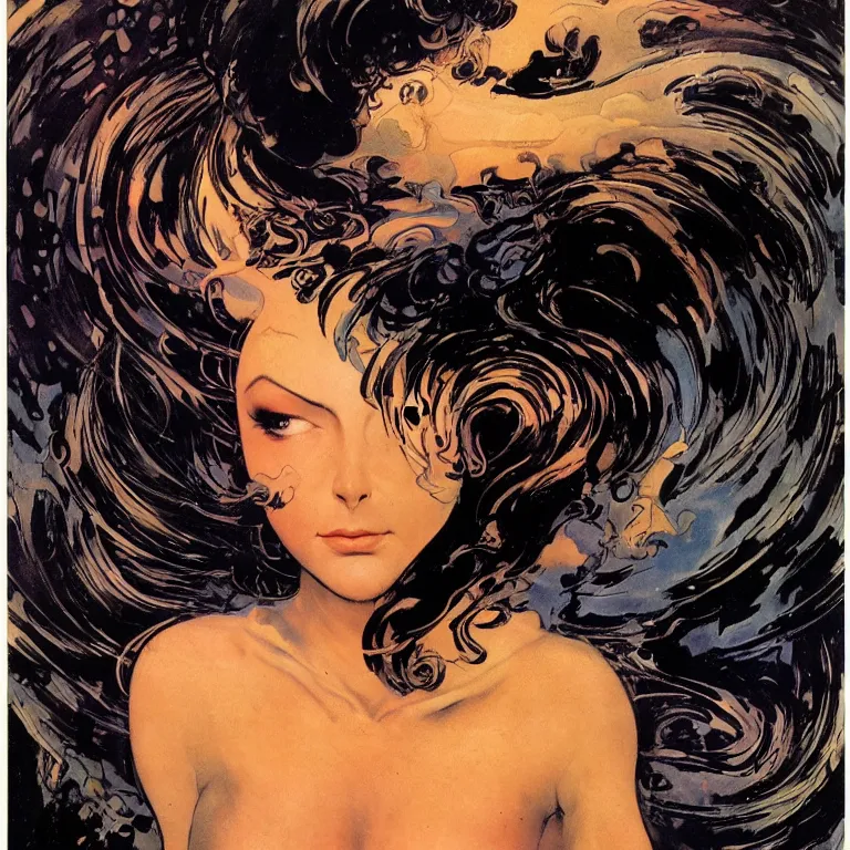 Image similar to portrait of a woman with swirling hair and fractal skin by frank frazetta, retrofuturism, psychedelic art reimagined by industrial light and magic